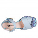 Woman's sandal with strap and platform in light blue leather and multicolored fabric heel 7 - Available sizes:  32, 35, 44, 45