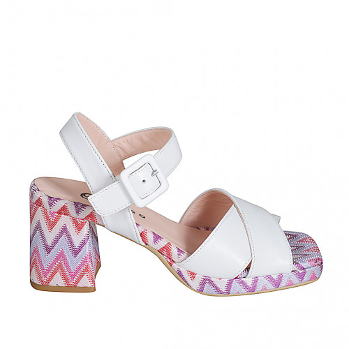 Sandale avec courroie et plateau pour femmes en cuir blanc et tissu multicouleur talon 7 - Pointures disponibles:  44