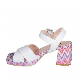 Woman's sandal with strap and platform in white leather and multicolored fabric heel 7 - Available sizes:  44 2