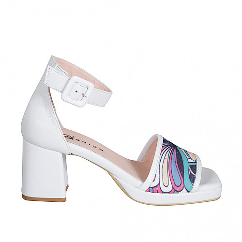 Zapato abierto para mujer con cinturon y plataforma en piel blanca y tejido multicolor con glitter tacon 7 - Tallas disponibles:  32, 34, 42, 44, 45