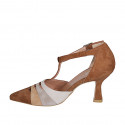 Zapato abierto a punta para mujer en gamuza cognac, gris y gris pardo con cinturon salomé tacon 7 - Tallas disponibles:  35, 42