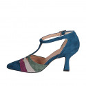 Scarpa aperta a punta da donna con cinturino Charleston in camoscio blu, viola, grigio e verde tacco 7 - Misure disponibili: 35, 43