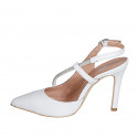 Slingback a punta con cinturino con strass in pelle bianca tacco 9 - Misure disponibili: 35