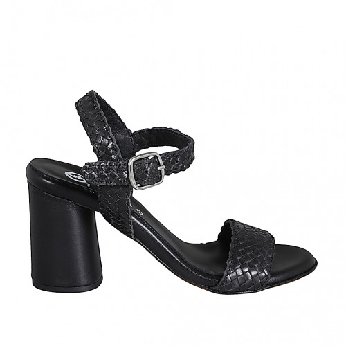 Woman's strap sandal in black braided leather heel 7 - Available sizes:  32, 35, 42, 43