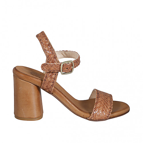 Woman's strap sandal in cognac braided leather heel 7 - Available sizes:  32, 43