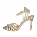 Woman's sandal with ankle strap and strips in platinum laminated leather heel 10 - Available sizes:  35, 43, 45, 46