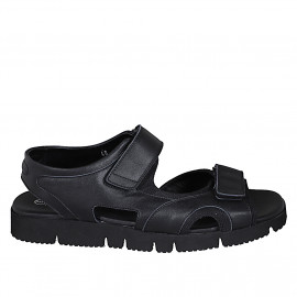 Men's sandal with velcro strap in black leather and fabric - Available sizes:  46, 47, 48, 50, 51, 52