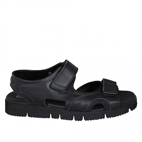 Sandalia para hombres con velcro en piel y tejido negro - Tallas disponibles:  46, 47, 48, 50, 51, 52