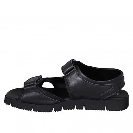 Men's sandal with velcro strap in black leather and fabric - Available sizes:  46, 47, 48, 50, 51, 52 2