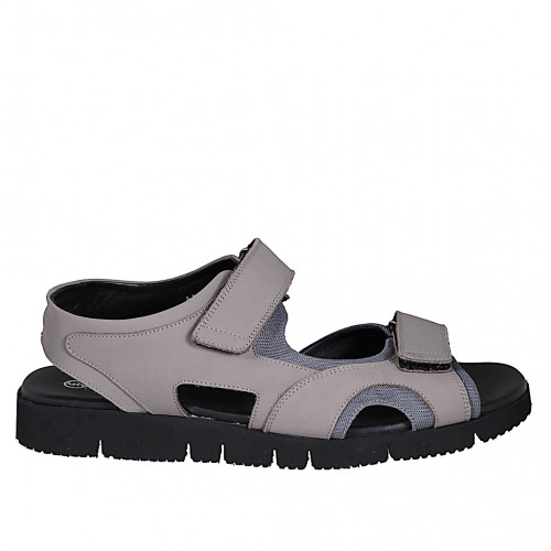 Sandale pour hommes avec fermeture velcro en nubuck beige et tissu gris - Pointures disponibles:  46, 47, 48, 49, 50, 51, 52