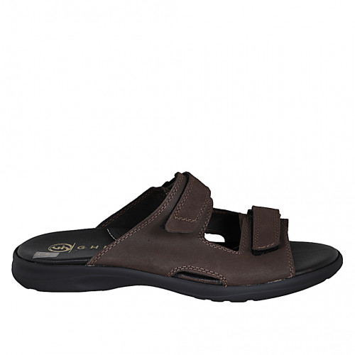 Sandale pour hommes avec fermeture velcro en cuir marron foncé - Pointures disponibles:  46, 48, 49