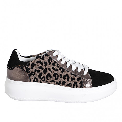 Woman's laced sneaker with removable insole in black suede, spotted fabric and laminated steel grey leather wedge 4 - Available sizes:  33, 35, 42, 43, 44, 45, 46