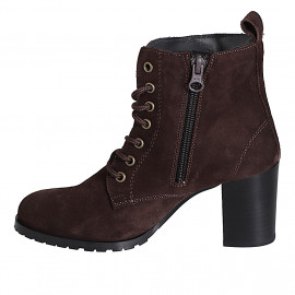 Stivaletto stringato a punta tonda da donna con cerniera interna in camoscio marrone scuro e tacco 7 - Misure disponibili: 32, 33, 34, 35, 42, 43, 44, 45 2