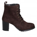 Woman's ankle-high laced-up boot with round toe and inner zipper in dark brown suede with heel 7 - Available sizes:  32, 33, 34, 35, 42, 43, 44, 45