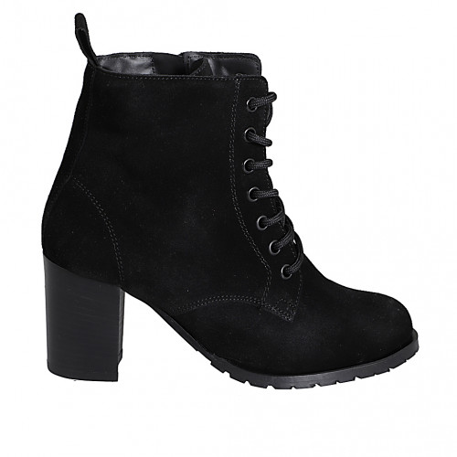 Woman's ankle-high laced-up boot with round toe and inner zipper in black suede with heel 7 - Available sizes:  32, 33, 34, 35, 42, 43, 44, 45