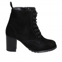 Woman's ankle-high laced-up boot with round toe and inner zipper in black suede with heel 7 - Available sizes:  32, 33, 34, 35, 42, 43, 44, 45
