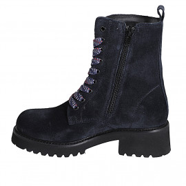 Botin de cordones para mujer con cordon multicolor y cremallera interna en gamuza color azul oscuro tacon 5 - Tallas disponibles:  32, 33, 35, 42, 43, 44, 45, 46 2