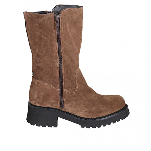 Woman's three-quarter boots with side zippers in brown suede heel 5 - Available sizes:  32, 33, 34, 35, 42, 43, 44, 45, 46