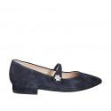Woman's pointy Mary Jane in blue suede with strap and rhinestone flower heel 2 - Available sizes:  32, 33, 34, 35, 42, 43, 44, 45