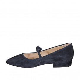 Woman's pointy Mary Jane in blue suede with strap and rhinestone flower heel 2 - Available sizes:  32, 33, 34, 35, 42, 43, 44, 45 2