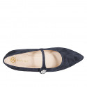 Mary Jane puntiagudo para mujer en gamuza azul con cinturon y flor de estrass tacon 2 - Tallas disponibles:  32, 33, 34, 35, 42, 43, 44, 45