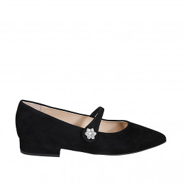 Mary Jane à bout pointu pour femmes en daim noir avec courroie et fleur en strass talon 2 - Pointures disponibles:  33, 34, 35, 42, 43, 44, 45