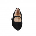 Woman's pointy Mary Jane in black suede with strap and rhinestone flower heel 2 - Available sizes:  33, 34, 35, 42, 43, 44, 45