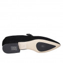 Woman's pointy Mary Jane in black suede with strap and rhinestone flower heel 2 - Available sizes:  33, 34, 35, 42, 43, 44, 45