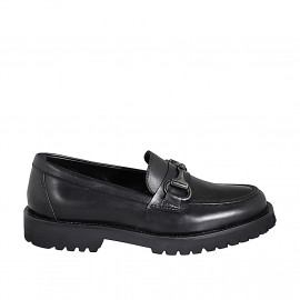 Woman's loafer shoes with metallic accessory in black leather heel 3 - Available sizes:  32, 33, 35, 42, 43, 44, 45, 46