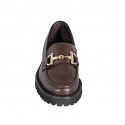 Woman's loafer shoes with metallic accessory in dark brown leather heel 3 - Available sizes:  33, 34, 35, 42, 43, 44, 45, 46