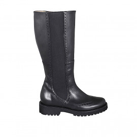 Bottes pour femes à bout brogue, élastique latéral et fermeture éclair intérieure en cuir noir talon 3 - Pointures disponibles:  32, 33, 34, 35, 42, 43, 44, 45, 46