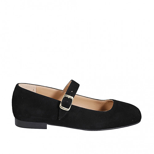 Woman's Mary Jane ballerina with strap and square toe in black suede heel 2 - Available sizes:  33, 34, 35, 42, 43, 44, 45