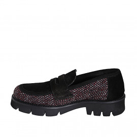 Mocassino da donna in camoscio nero e tessuto spigato bordeaux tacco 3 - Misure disponibili: 32, 33, 34, 35, 42, 43, 44, 45, 46 2