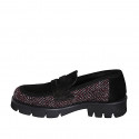 Mocasín para mujer en gamuza negra y tela espiguilla color granate tacon 3 - Tallas disponibles:  32, 33, 34, 35, 42, 43, 44, 45, 46