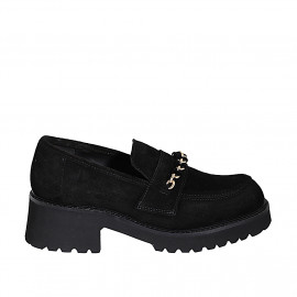Woman's casual mocassin with gold chain in black suede heel 5 - Available sizes:  32, 33, 34, 35, 42, 43, 44, 45, 46