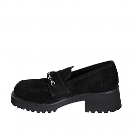 Woman's casual mocassin with gold chain in black suede heel 5 - Available sizes:  32, 33, 34, 35, 42, 43, 44, 45, 46 2