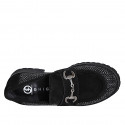 Woman's loafer shoes with metallic accessory in black suede and herringbone fabric heel 5 - Available sizes:  32, 33, 34, 35, 42, 43, 44, 45, 46