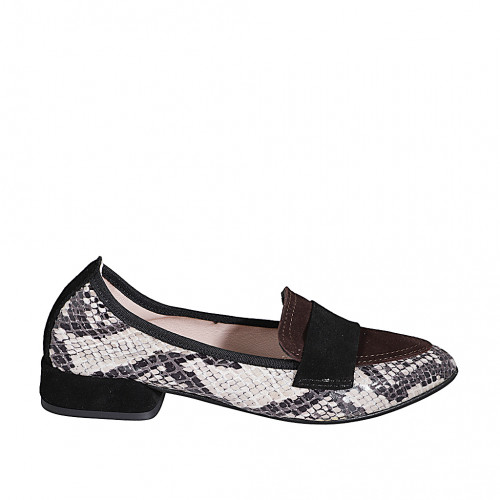Mocassin à bout pointu pour femmes en cuir verni imprimé et daim noir et marron foncéet talon 2 - Pointures disponibles:  32, 33, 35, 42, 43, 44, 45, 46