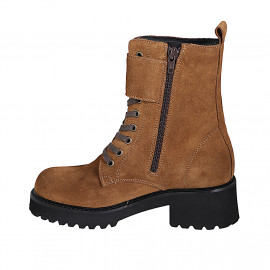 Woman's laced ankle-high boot with double buckles and inner zipper in brown suede heel 5 - Available sizes:  32, 33, 35, 42, 43, 44, 45, 46 2