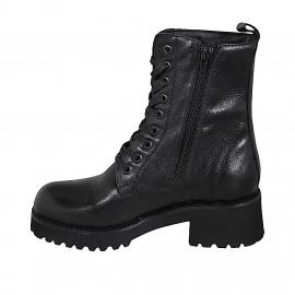 Botines de cordones para mujer con cremallera interna en piel de color negro tacon 5 - Tallas disponibles:  32, 33, 35, 43, 44, 45, 46 2