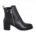 Woman's ankle boot in black leather with zippers, stud and round tip heel 5 - Available sizes:  32, 33, 34, 35, 42, 43, 44, 45