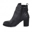 Woman's ankle boot in black leather with zippers, buckle and round tip heel 7 - Available sizes:  32, 33, 34, 35, 42, 43, 44, 45
