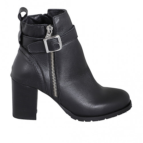 Bottines pour femmes en cuir noir avec fermetures éclair, boucle et bout rondu talon 7 - Pointures disponibles:  32, 33, 34, 35, 42, 43, 44, 45