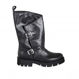 Woman's boot with double buckles and studs in black leather heel 3 - Available sizes:  33, 34, 35, 42, 43, 44, 46