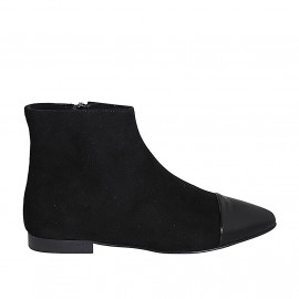 Bottines à bout pointu pour femmes en daim noir avec zip intérieur et bout droit en verni noir talon 2 - Pointures disponibles:  33, 34, 35, 42, 43, 44, 45, 46