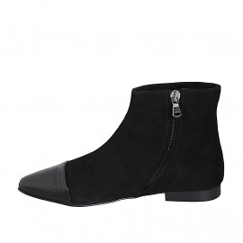 Bottines à bout pointu pour femmes en daim noir avec zip intérieur et bout droit en verni noir talon 2 - Pointures disponibles:  33, 34, 35, 42, 43, 44, 45, 46 2