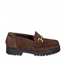 Woman's mocassin with accessory in brown suede with heel 3 - Available sizes:  32, 33, 34, 35, 42, 43, 44, 45, 46, 47