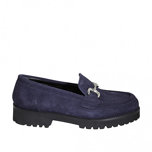 Mocassin pour femmes avec accessoire en daim bleu avec talon 3 - Pointures disponibles:  32, 33, 34, 35, 42, 43, 44, 45, 46