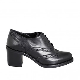 Zapato Oxford con cordones para mujer en piel negra con punta de ala tacon 7 - Tallas disponibles:  32, 33, 34, 35, 42, 43, 44, 45, 46