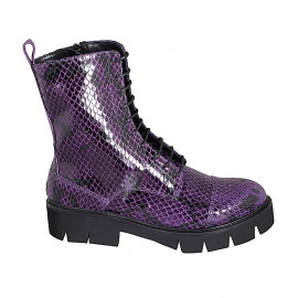 Bottines pour femmes avec lacets, bout droit et fermeture éclair en cuir verni imprimé violette talon 4 - Pointures disponibles:  32, 33, 34, 35, 42, 43, 44, 45, 47